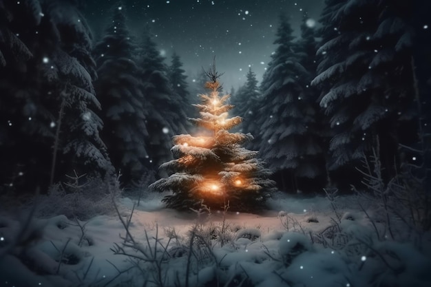 Snowy glow tree in forest ai generated