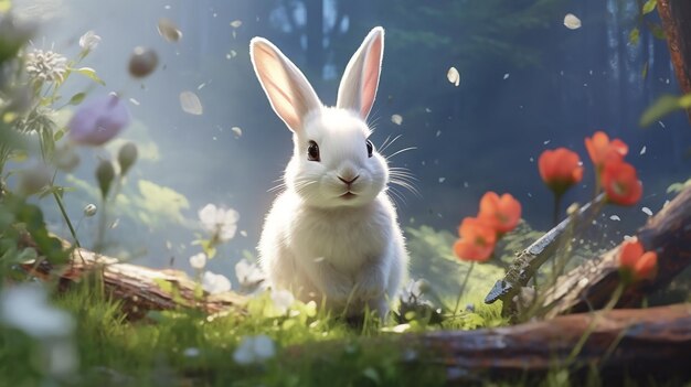 Snowy Hare Animal with flower AI generated picture