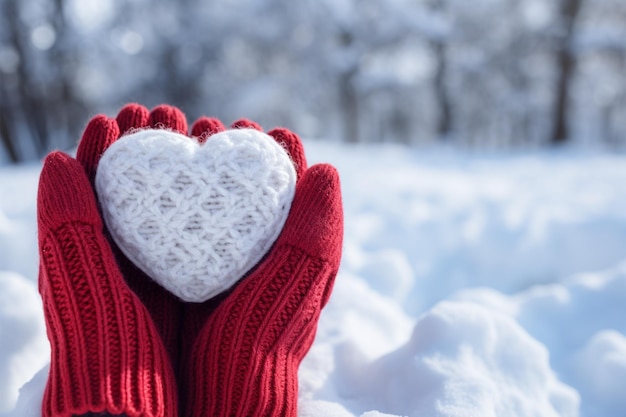 Снежное сердце в вязаных варежках, символизирующее любовь на День Святого Валентина