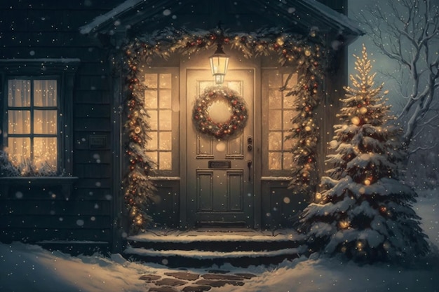 A snowy home with a wreath on the door