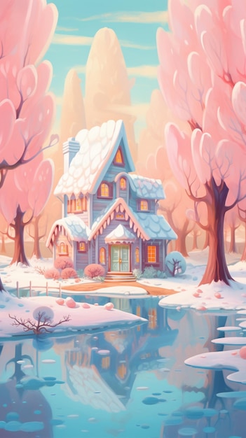 Snowy house by the lake with pink trees and snow generative ai