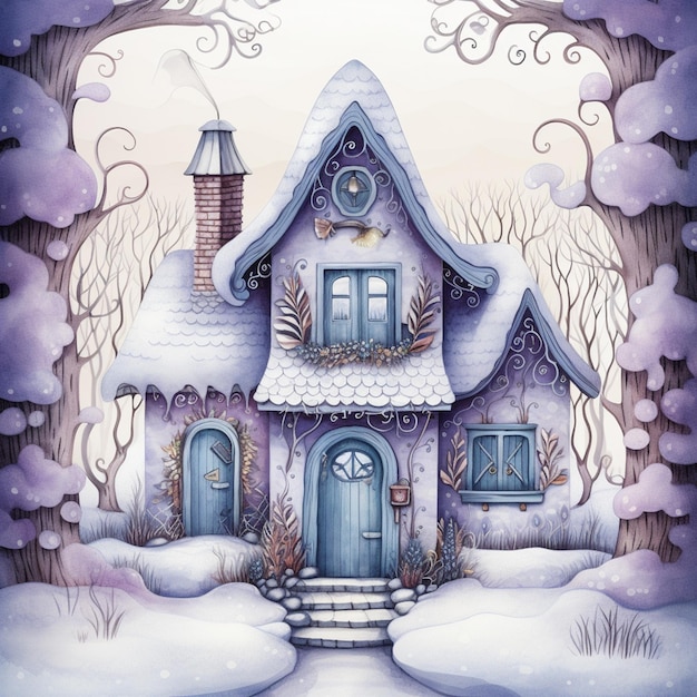 снежный дом с голубой дверью и покрытой снегом крышей