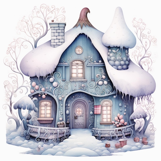 snowy house with a clock and a bench in front of it generative ai