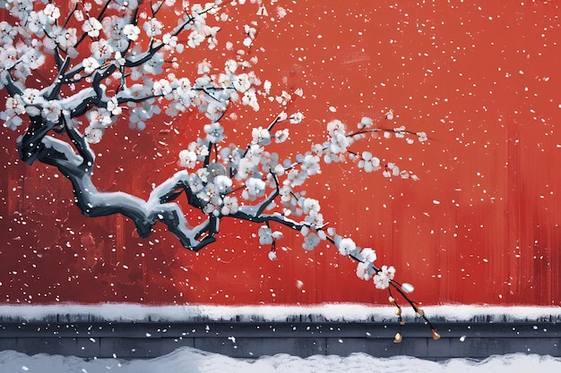 Photo snowy illustration of winter plum blossom branches and red wall background