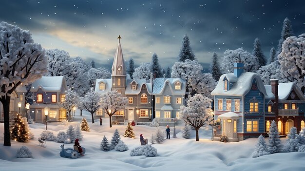 雪に覆われた風景が魅力的な村を包み各建物は花束と輝く光で飾られています