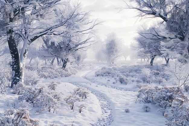 Снежный пейзаж леса, покрытый белым видом.