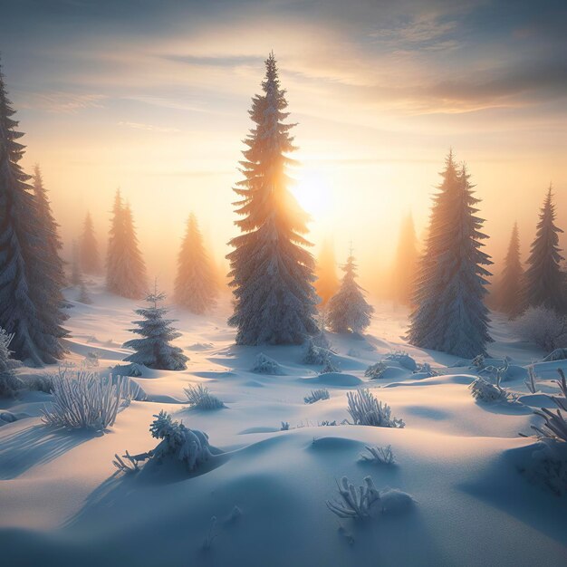 Snowy landscape in the forest at sunset beautiful winter background