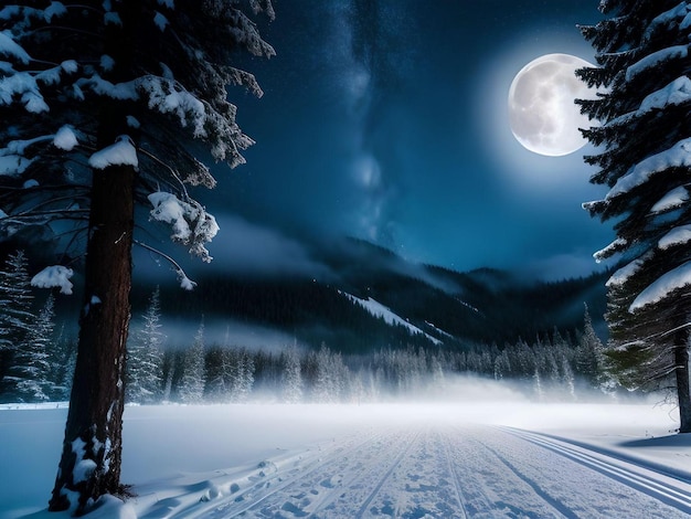 하늘 그림에 보름달이 있는 소나무와 산이 있는 자정의 눈 덮인 풍경