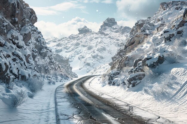 Snowy landscape of a mountain pass with a winding
