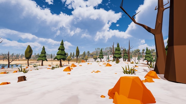 Снежный пейзаж природного и виртуального дизайна 3d-рендеринга