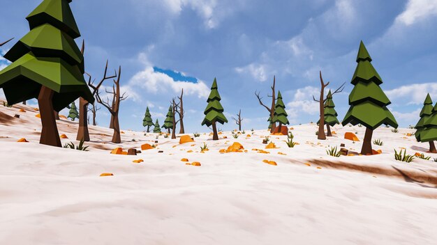 Snowy landscape of a natural and virtual environment design 3d render