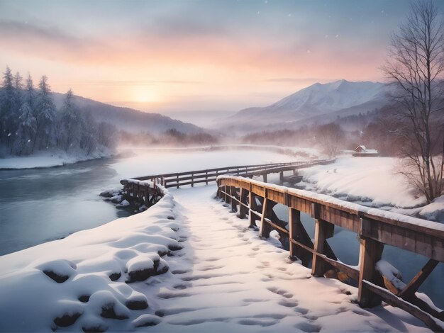 Photo snowy landscape sunset reflections winter wonderland snowy evening twilight scenery frozen worl