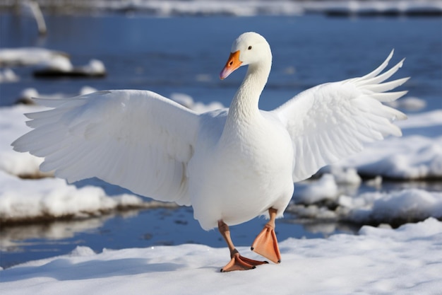 Snowy landscape White goose poses on a serene winter ground