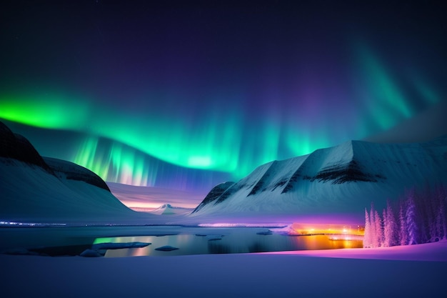 A snowy landscape with the aurora borealis above it