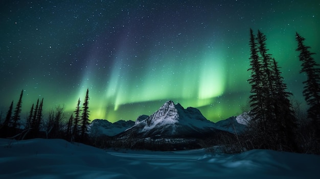 A snowy landscape with the aurora borealis above it