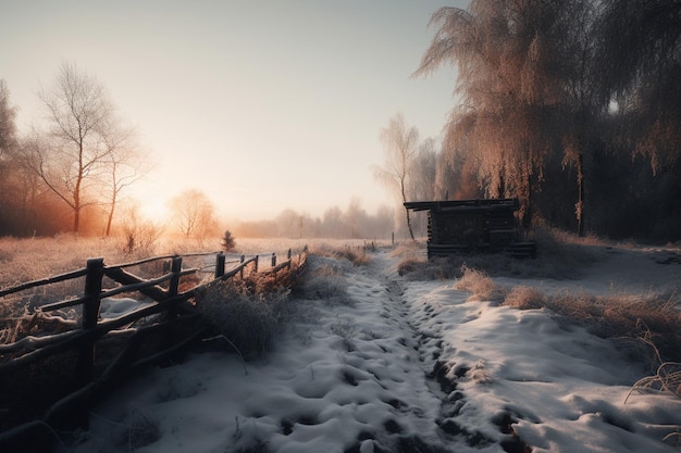 A snowy landscape with a fence and a fence in the foreground.