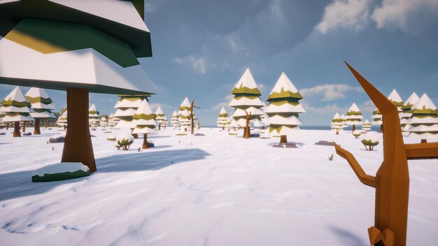 Snowy landscape with fir trees no humans and animals low poly\
design virtual landscape 3d render