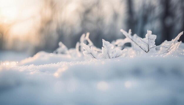 A snowy landscape with frost covered branches