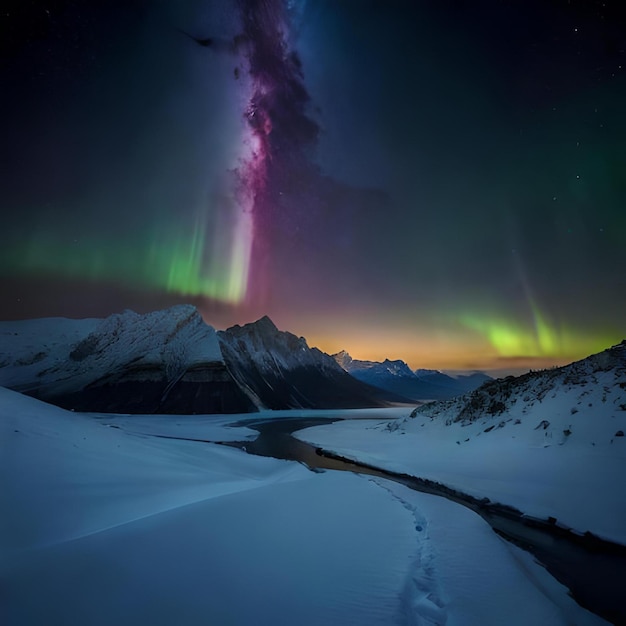 Photo a snowy landscape with a galaxy in the sky