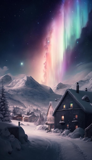 A snowy landscape with a house and the aurora borealis in the background