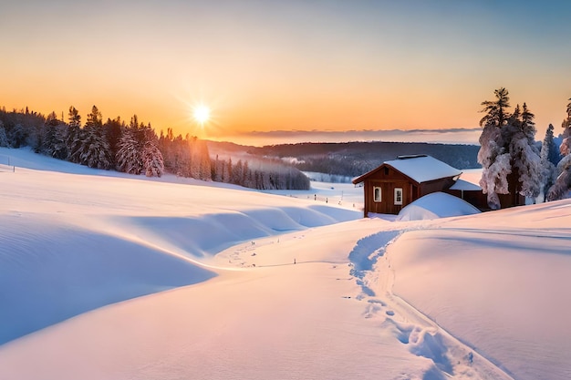 A snowy landscape with a house in the background