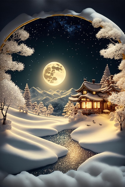Snowy landscape with a house and a full moon generative ai