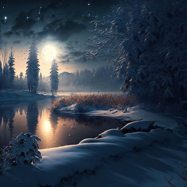 A snowy landscape with a lake and a snowy landscape with a moon in the background.