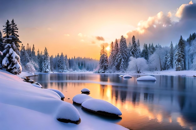 Snowy landscape with a lake and trees in the background
