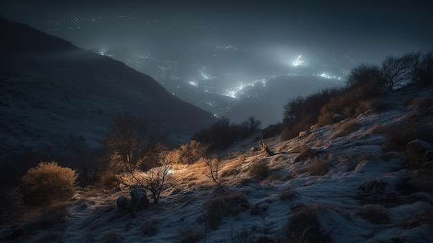 A snowy landscape with a light on the top of it