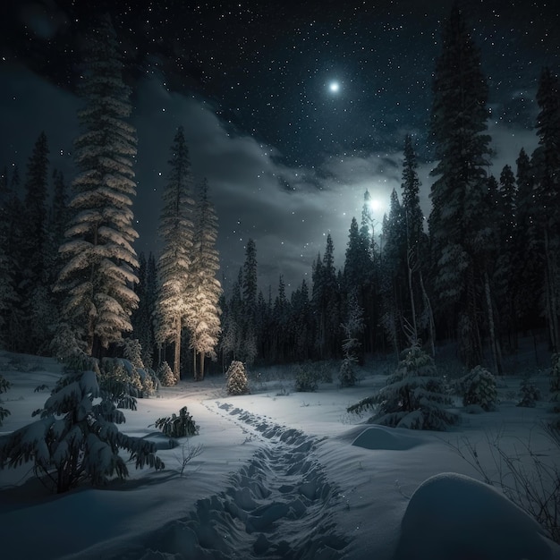 A snowy landscape with a moon in the background