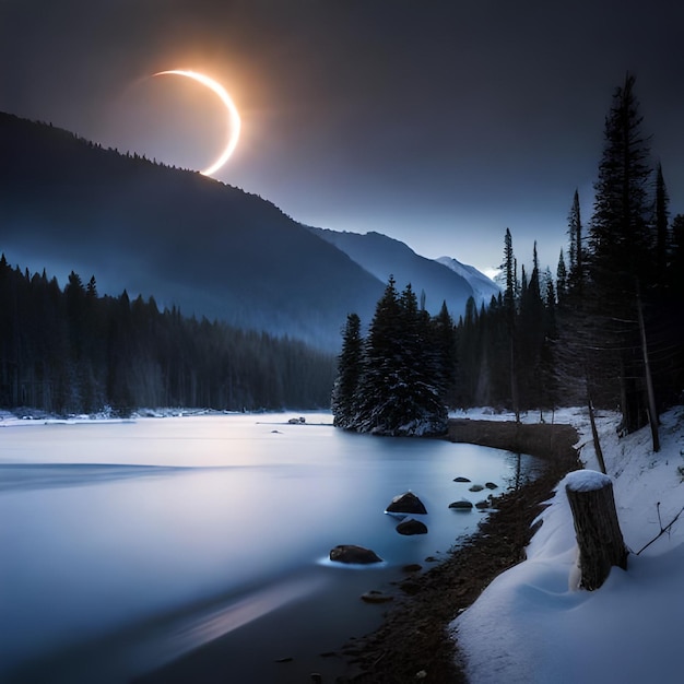 A snowy landscape with a mountain in the background and a moon above it.