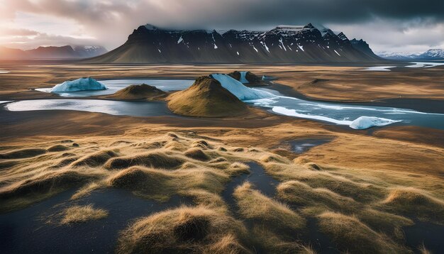 a snowy landscape with a mountain in the background