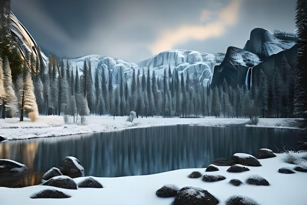 A snowy landscape with a mountain in the background