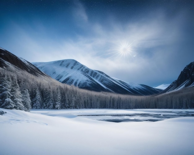 A snowy landscape with a mountain in the background