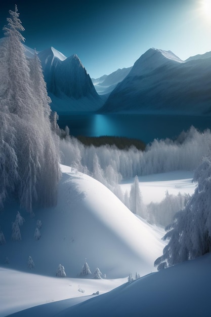 A snowy landscape with a mountain and a lake in the background