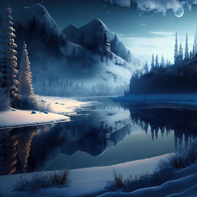 A snowy landscape with a mountain and a lake and a moon