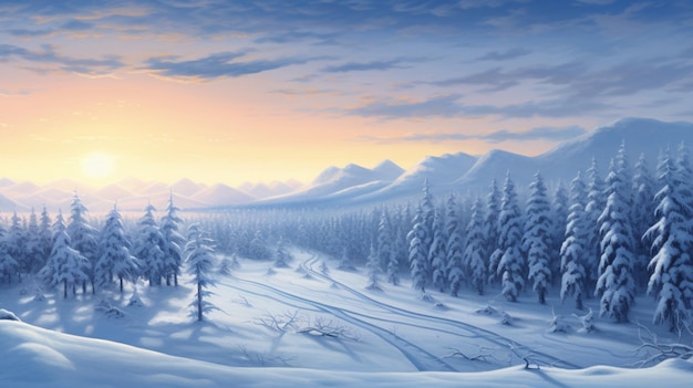 a snowy landscape with a mountain range and trees.