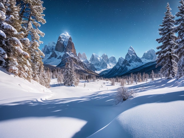 A snowy landscape with mountains in the background