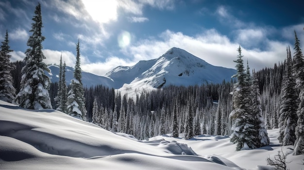 A snowy landscape with mountains in the background