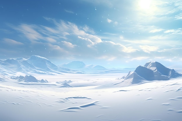 a snowy landscape with mountains and blue sky