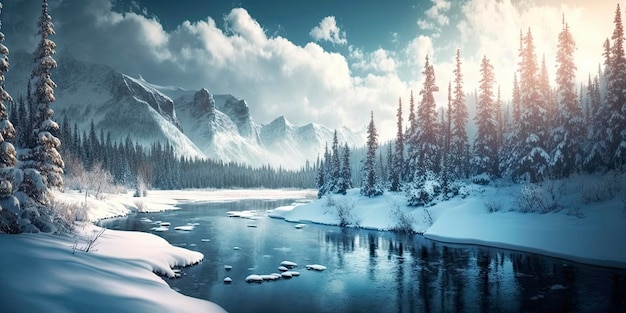 雪に覆われた山々と川の風景