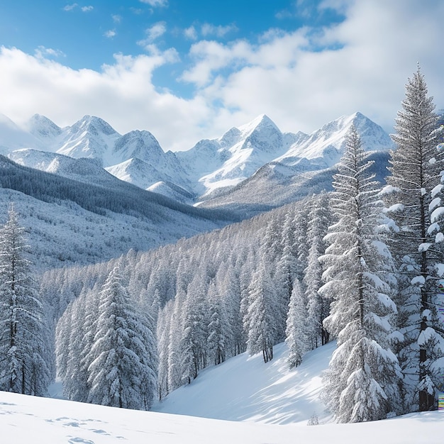 A snowy landscape with mountains and trees covered in snow generated by AI
