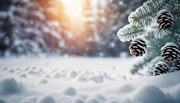 A snowy landscape with a pine tree and pine cones