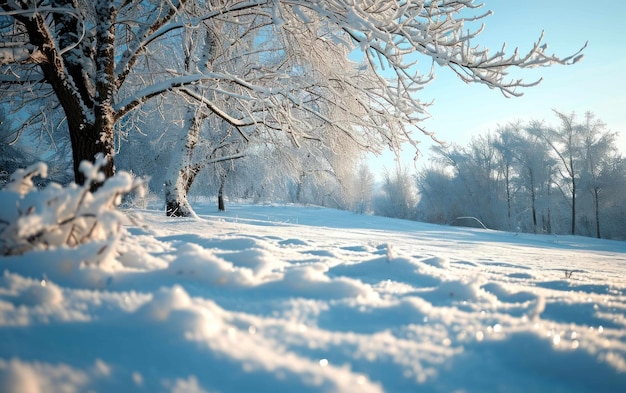 Foto un paesaggio innevato con una coperta di neve incontaminata