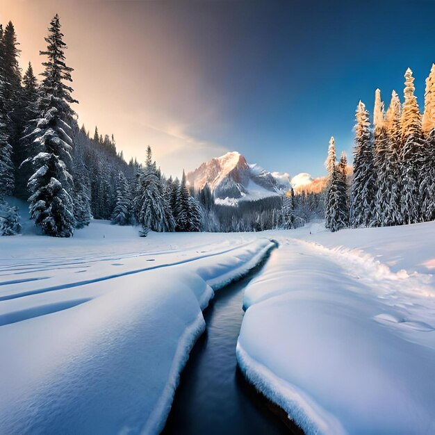 A snowy landscape with a river running through it and a mountain in the background.