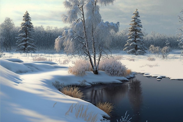 A snowy landscape with a river and a snowy landscape.