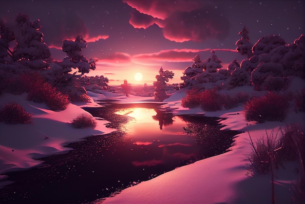 A snowy landscape with a river and a sunset.