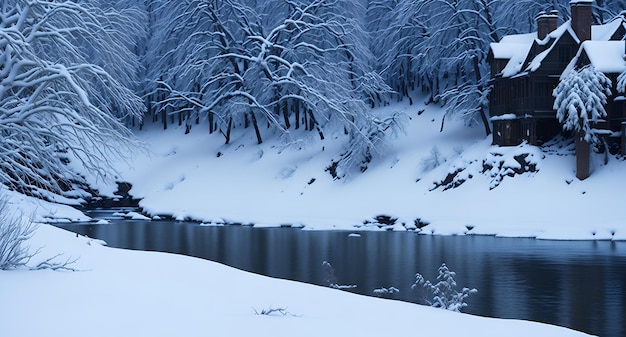 A snowy landscape with a river and trees covered in snow