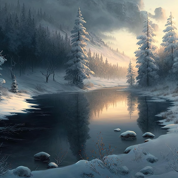 A snowy landscape with a river and trees in the foreground.