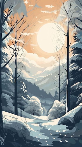 Снежный пейзаж с дорогой и деревьями, покрытыми снегом.